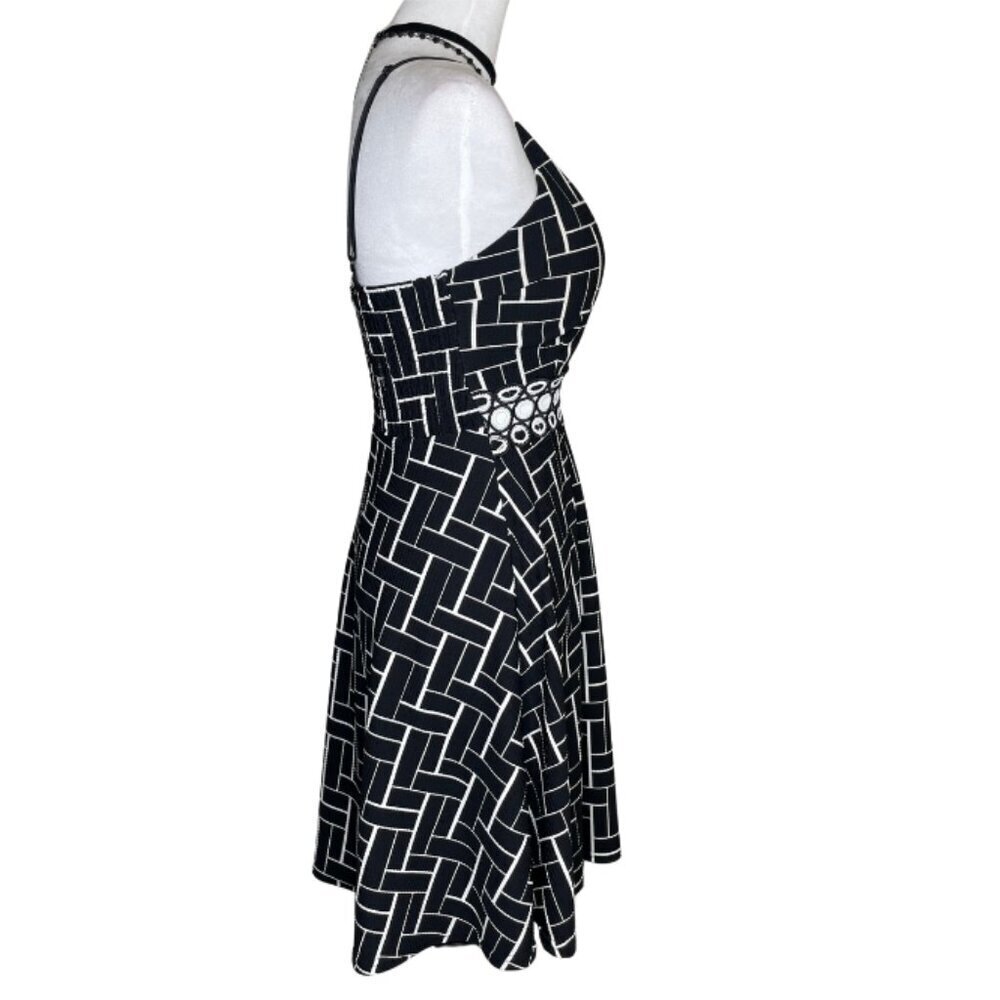 Indie Sleaze Geometric Mini Dress Black White Circle Lace Inset Waist S - Picture 3 of 7